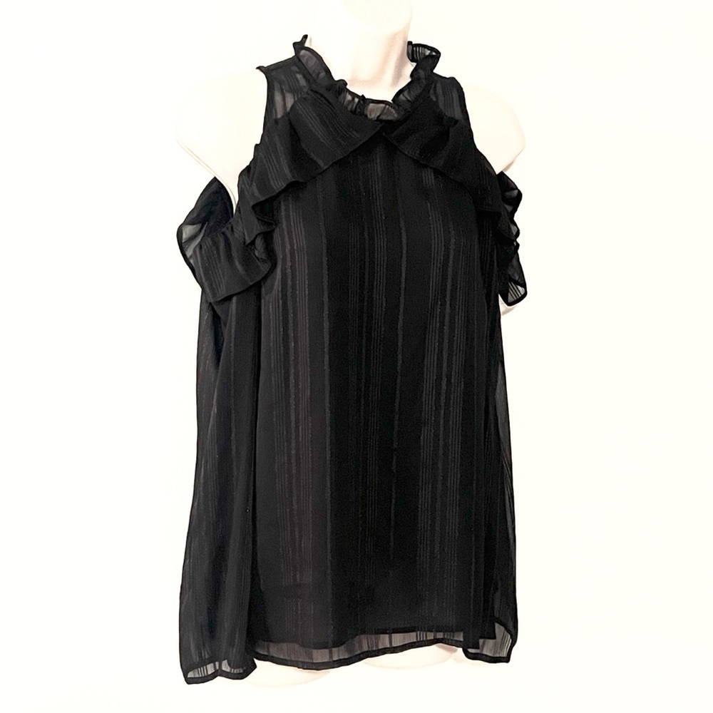 NEW Wayf Cold Shoulder High Ruffle Neck Long Sleeve Blouse Top Black Medium